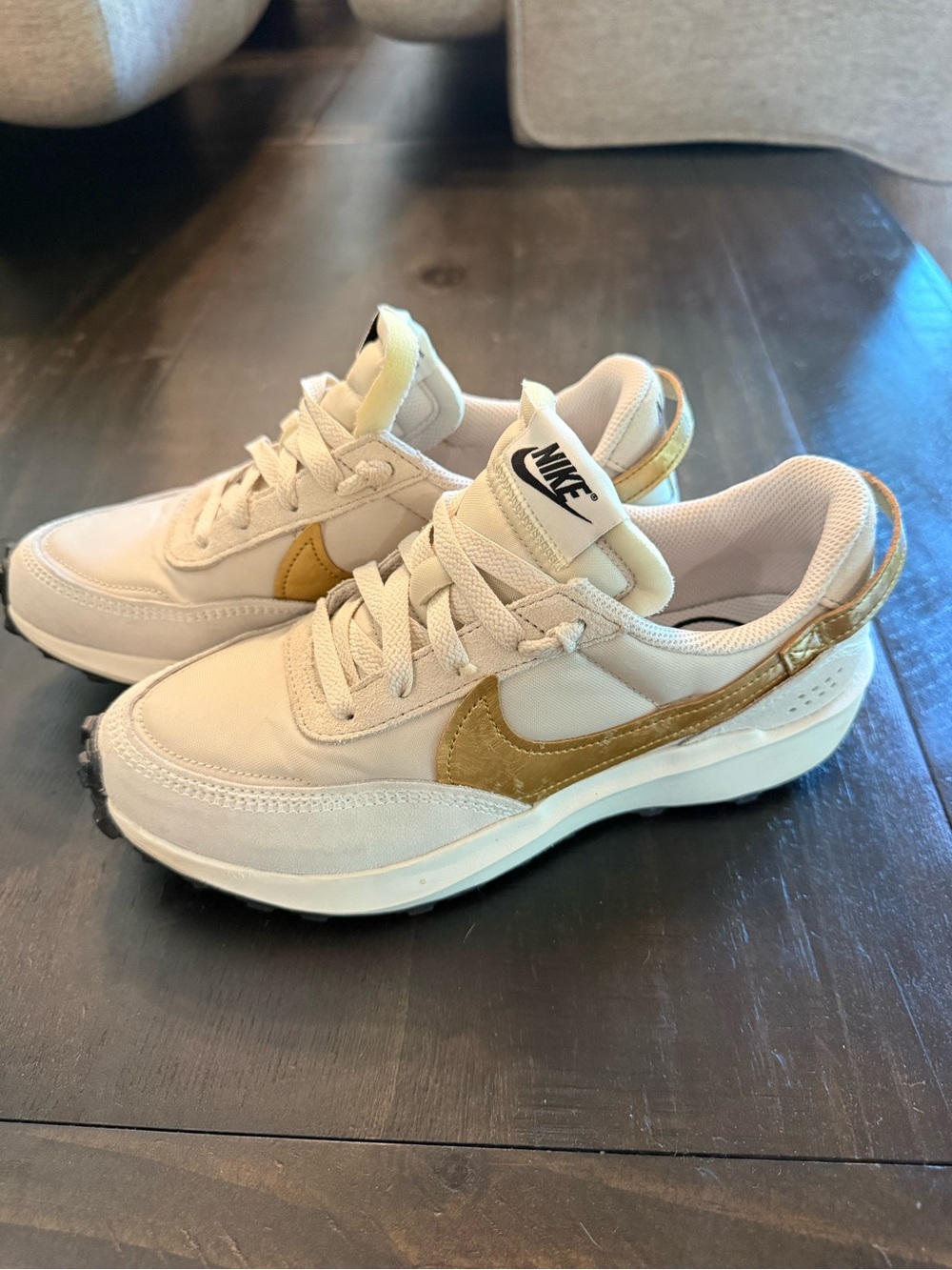 Nike Kids Cream Sneakers with Gold Swoosh